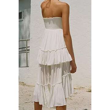 UIMLK Women's Summer High Low Bohemian Strapless Sleeveless Beach Dress Flowy Tiered Ruffle Midi Length Hippie Skirts,White-L