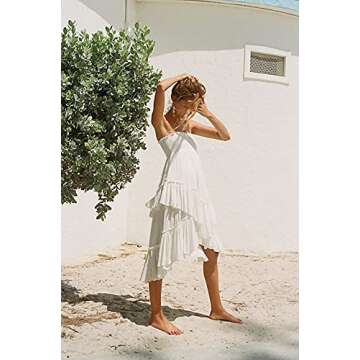 UIMLK Women's Summer High Low Bohemian Strapless Sleeveless Beach Dress Flowy Tiered Ruffle Midi Length Hippie Skirts,White-L