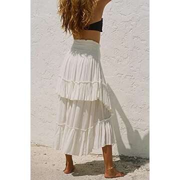UIMLK Women's Summer High Low Bohemian Strapless Sleeveless Beach Dress Flowy Tiered Ruffle Midi Length Hippie Skirts,White-L