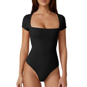 Versatile QINSEN Black Bodysuit - Square Neck & Thong Cut