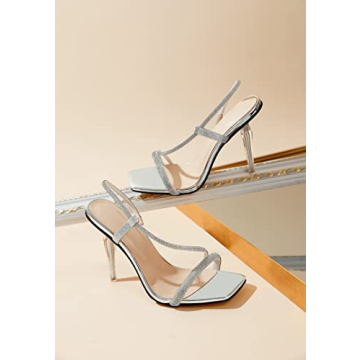 Zamikoo Women's Slingback High Heel Sandals, Rhinestone Open Toe Heels, Square Toe Clear Stiletto Heeled Sandals 4 Inches Silver Heels US Size 9