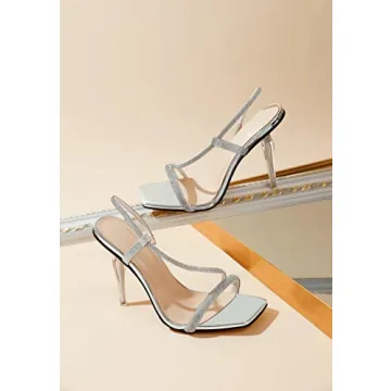 Zamikoo Women's Slingback High Heel Sandals, Rhinestone Open Toe Heels, Square Toe Clear Stiletto Heeled Sandals 4 Inches Silver Heels US Size 9