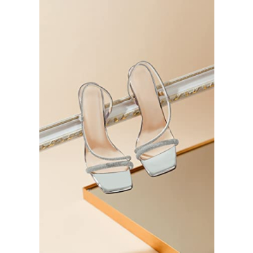 Zamikoo Women's Slingback High Heel Sandals, Rhinestone Open Toe Heels, Square Toe Clear Stiletto Heeled Sandals 4 Inches Silver Heels US Size 9