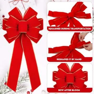 Fovths 2 Pieces Red Christmas Bows 20 x 12 Inches Large Velvet Christmas Wreath Bow with Glitter Gold Edge Christmas Tree Topper Ornament Bow for Christmas Home Indoor Outdoor Door Decor