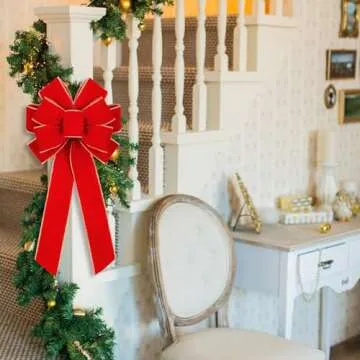 Fovths 2 Pieces Red Christmas Bows 20 x 12 Inches Large Velvet Christmas Wreath Bow with Glitter Gold Edge Christmas Tree Topper Ornament Bow for Christmas Home Indoor Outdoor Door Decor