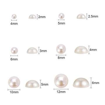PH PandaHall Craft Pearls Flatback, 690pcs Half Round Pearl Beads 6 Sizes Pearl Cabochon Faux Pearl Beads for DIY Scrapbook Phone Case Wedding Decor Hair Accessory Nail Art, Beige, 4/5/6/8/10/12mm