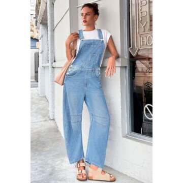PLNOTME Women's Denim Bib Overalls Barrel Leg Adjustable Strap Jean Pants Jumpsuits with Pockets