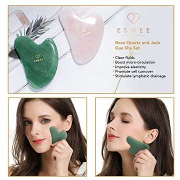 Gua Sha Facial Tool Set by Esmee 2 in 1 Premium Massage Therapy Tools Jade and Rose Quartz Guasha Fa...