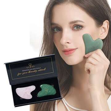 Gua Sha Facial Tool Set by Esmee 2 in 1 Premium Massage Therapy Tools Jade and Rose Quartz Guasha Face Massage Tool Anti-aging Beauty Therapy for Skin Rejuvenation Face Scraping Tools (Heart Shape)
