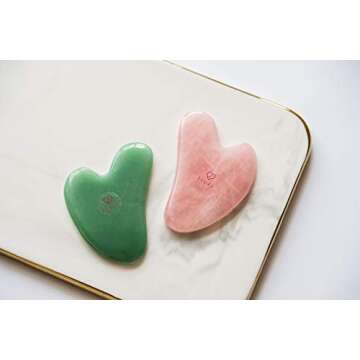 Gua Sha Facial Tool Set by Esmee 2 in 1 Premium Massage Therapy Tools Jade and Rose Quartz Guasha Face Massage Tool Anti-aging Beauty Therapy for Skin Rejuvenation Face Scraping Tools (Heart Shape)