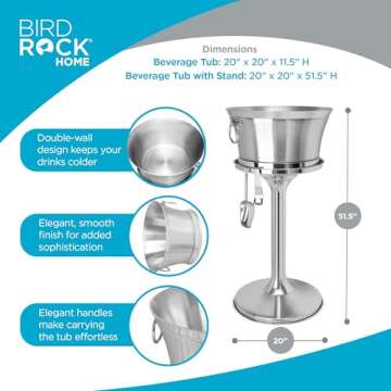 BIRDROCK HOME Metal Beverage Tub w/Stand, Scoop & Bottle Opener - Stainless Steel Double Wall Ice Co...
