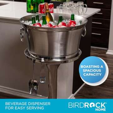 BIRDROCK HOME Metal Beverage Tub w/Stand, Scoop & Bottle Opener - Stainless Steel Double Wall Ice Cooler - Large Drinks, Beer, Wine, Champagne Chiller Buckets w/Holder for Parties - Silver Container