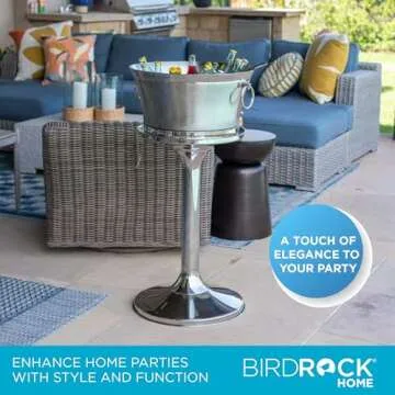 BIRDROCK HOME Metal Beverage Tub w/Stand, Scoop & Bottle Opener - Stainless Steel Double Wall Ice Cooler - Large Drinks, Beer, Wine, Champagne Chiller Buckets w/Holder for Parties - Silver Container
