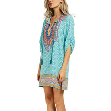 Women Bohemian Neck Tie Vintage Printed Ethnic Style Summer Shift Dress