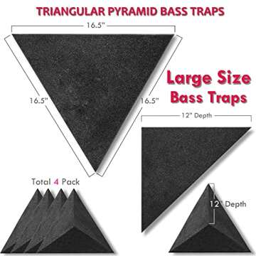 Foroomaco 4 Pack Bass Traps for Ceiling Corner 16.5" Triangle 12" Depth Triangular Pyramid Acoustic ...