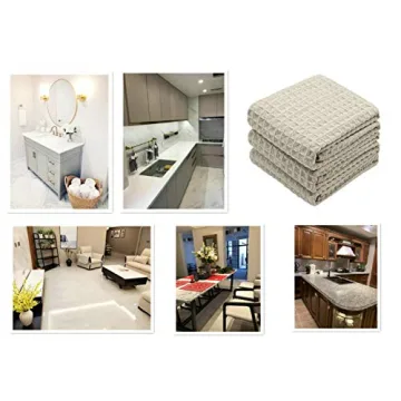 VeraSong Waffle Weave Kitchen Towels Thick Microfiber Dish Drying Towels Absorbent Tea Towels Hand Towel Lint Free 16Inch x 24Inch 3 Pack Khaki