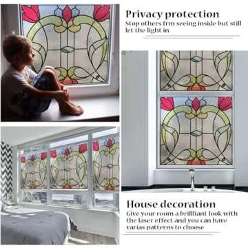 lsrrret Window Film，3D Matte Stained Glass，Decorative Window Sticker，Privacy Frosted Static Cling for Glass， Garden Flower (FR00, 17in X17in)