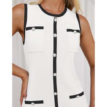 ZESICA Women's 2025 Summer Sleeveless Mini Dress Crewneck Button Knit Color Block Bodycon Party Short Dresses with Pockets,White,E2