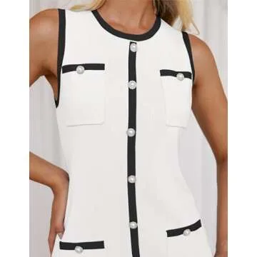 ZESICA Women's 2025 Summer Sleeveless Mini Dress Crewneck Button Knit Color Block Bodycon Party Short Dresses with Pockets,White,E2