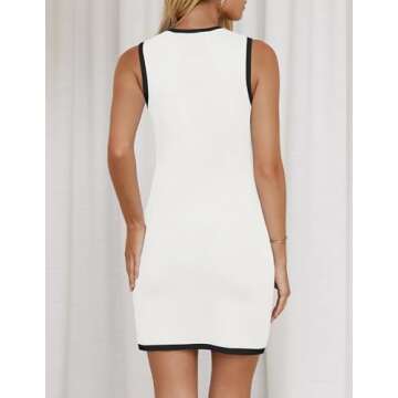 ZESICA Women's 2025 Summer Sleeveless Mini Dress Crewneck Button Knit Color Block Bodycon Party Short Dresses with Pockets,White,E2