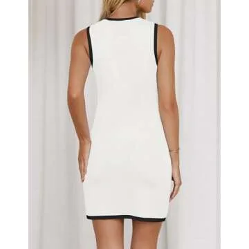 ZESICA Women's 2025 Summer Sleeveless Mini Dress Crewneck Button Knit Color Block Bodycon Party Short Dresses with Pockets,White,E2