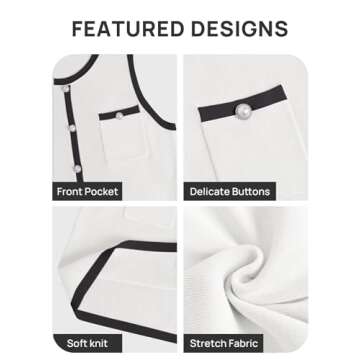 ZESICA Women's 2025 Summer Sleeveless Mini Dress Crewneck Button Knit Color Block Bodycon Party Short Dresses with Pockets,White,E2