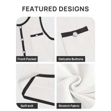 ZESICA Women's 2025 Summer Sleeveless Mini Dress Crewneck Button Knit Color Block Bodycon Party Short Dresses with Pockets,White,E2