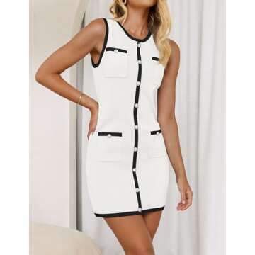 ZESICA Women's 2025 Summer Sleeveless Mini Dress Crewneck Button Knit Color Block Bodycon Party Short Dresses with Pockets,White,E2
