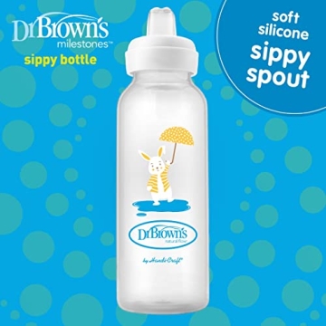 Dr. Brown's Milestones Narrow Sippy Bottle, 100% Silicone Soft Sippy Spout, 8oz/250mL, Flamingo & Bunny, 6m+
