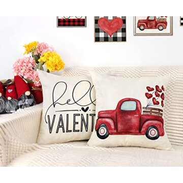 4TH Emotion Valentines Day Pillow Covers 18x18 Set of 4 Hello Valentine Spring Farmhouse Decor Red Love Truck Holiday Decorations Throw Cushion Case for Home Decorations TH076
