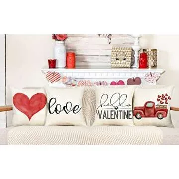 4TH Emotion Valentines Day Pillow Covers 18x18 Set of 4 Hello Valentine Spring Farmhouse Decor Red Love Truck Holiday Decorations Throw Cushion Case for Home Decorations TH076