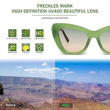 Freckles Mark Trendy Designer Sunglasses Womens Cute Fashion Square Cat Eye Sun Glasses (Green/Tortoise Shell)