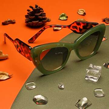 Freckles Mark Trendy Designer Sunglasses Womens Cute Fashion Square Cat Eye Sun Glasses (Green/Tortoise Shell)