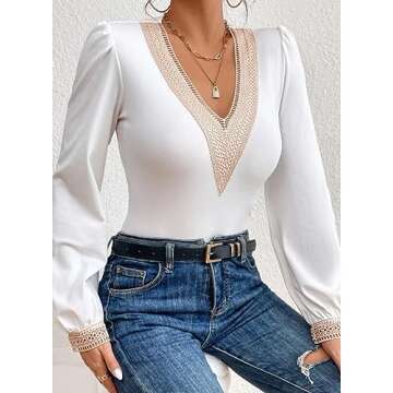 Dokotoo Women's Lace V Neck Puff Sleeve Bodysuit