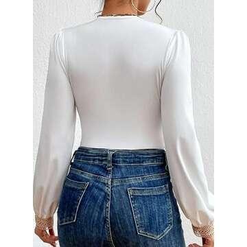 Dokotoo Women's Lace V Neck Puff Sleeve Bodysuit