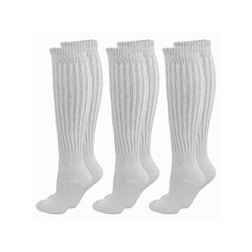 Luxury Divas White All Cotton 3 Pack Extra Heavy Slouch Socks Made In USA