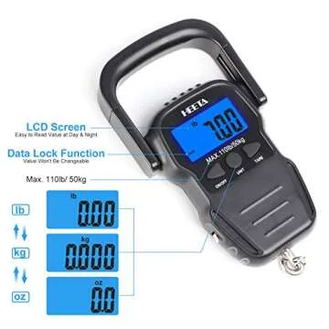 HEETA Fish Scale with Backlit LCD Display, Up to 110lb/50kg Digital Portable Hanging Fish Weight Scale with Hook & Measuring Tape for Home Farm Outdoor Hunting Fishing, 2 AAA Batteries Included, Black