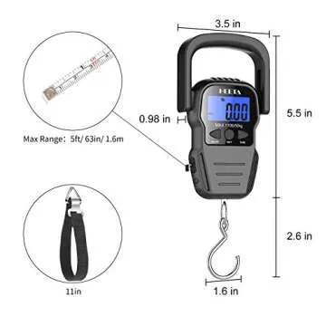 HEETA Fish Scale with Backlit LCD Display, Up to 110lb/50kg Digital Portable Hanging Fish Weight Scale with Hook & Measuring Tape for Home Farm Outdoor Hunting Fishing, 2 AAA Batteries Included, Black