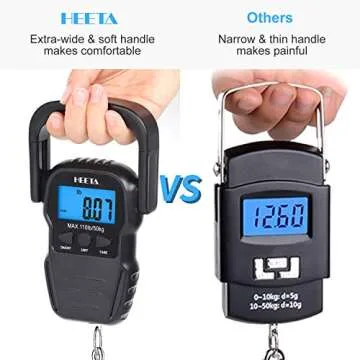HEETA Fish Scale with Backlit LCD Display, Up to 110lb/50kg Digital Portable Hanging Fish Weight Scale with Hook & Measuring Tape for Home Farm Outdoor Hunting Fishing, 2 AAA Batteries Included, Black