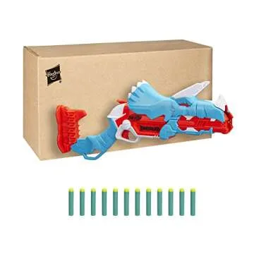 Nerf DinoSquad Tricera-Blast Dart Blaster - Break-Open 3-Dart Loading, 12 Official Darts, Triceratop...