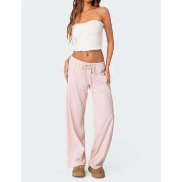 Ugerlov Women's Wide Leg Striped Pants Casual Drawstring Elastic Low Rise Pajama Pants Lounge Wear Trousers, Pink M