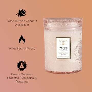 Voluspa Panjore Lychee, Small Candle Jar, 5.5 oz, 50 Hour Burn Time, All Natural Wicks and Coconut Wax for Clean Burning, Vegan, Poured in the USA