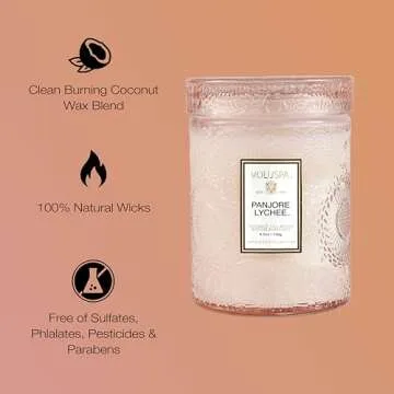 Voluspa Panjore Lychee, Small Candle Jar, 5.5 oz, 50 Hour Burn Time, All Natural Wicks and Coconut Wax for Clean Burning, Vegan, Poured in the USA