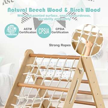 HONEY JOY 4-in-1 Triangle Climber with Ramp, 3-Side Kids Climbing Triangle Ladder with Net Rope & Ba...