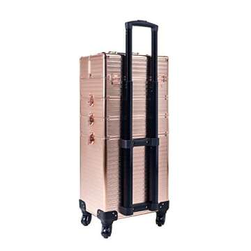 Channcase 4 in 1 Portable Traveling Aluminum Professional Makeup Trolley Cart with Multiple-Sized Compartments and Wheels, Rose Gold