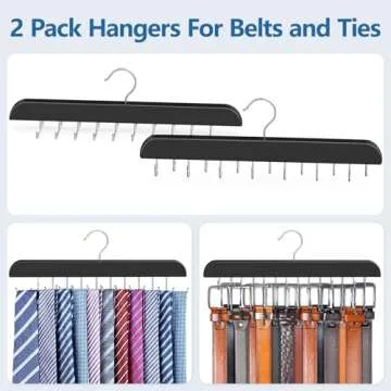 Resovo 2 Pack Tie Rack & Belt Hanger 2 in 1 Tie Hanger Space Saving Max 42 Belts& 60 Ties Capacity for Closet Organizers and Storage, Sturdy Wood Belt & Tie Collection Organizer