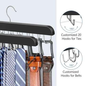 Resovo 2 Pack Tie Rack & Belt Hanger 2 in 1 Tie Hanger Space Saving Max 42 Belts& 60 Ties Capacity for Closet Organizers and Storage, Sturdy Wood Belt & Tie Collection Organizer