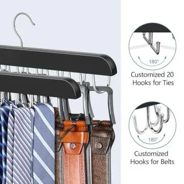 Resovo 2 Pack Tie Rack & Belt Hanger 2 in 1 Tie Hanger Space Saving Max 42 Belts& 60 Ties Capacity for Closet Organizers and Storage, Sturdy Wood Belt & Tie Collection Organizer
