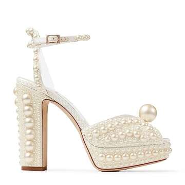 Goolita Womens Open Toe Pearl Platform Heels for Women Chunky Buckle Ankle Strap Wedding Heeled Sandals Dress Evening Bride Bridal Shoes