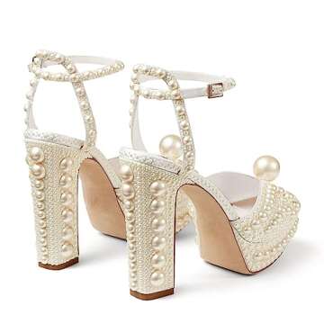 Goolita Womens Open Toe Pearl Platform Heels for Women Chunky Buckle Ankle Strap Wedding Heeled Sandals Dress Evening Bride Bridal Shoes